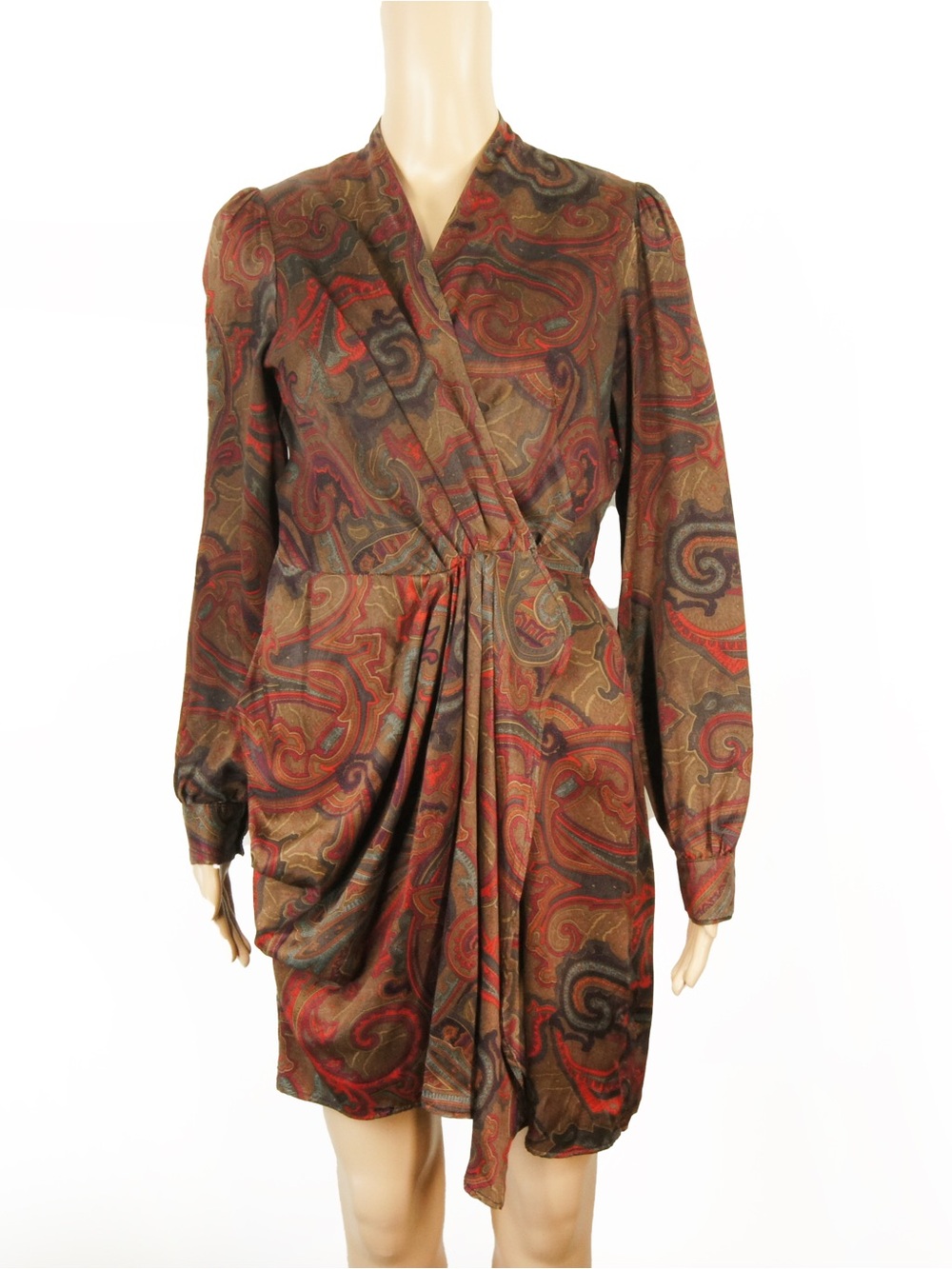 Vintage 90s Amanda Christine Red Brown Paisley Wrap Long Sleeve Boho Dress